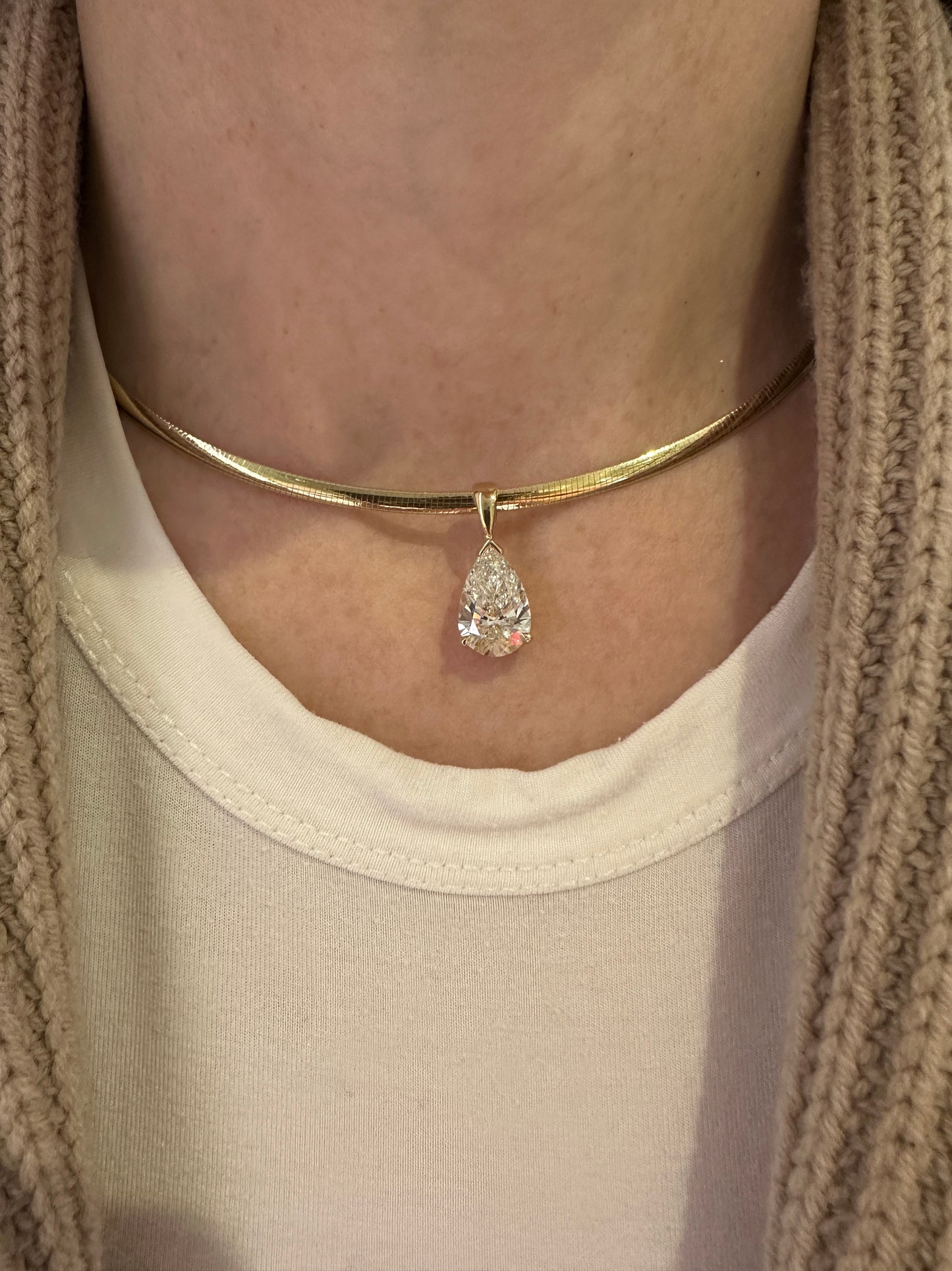 Four Carat Pear Shape Diamond Pendant On Omega Chain