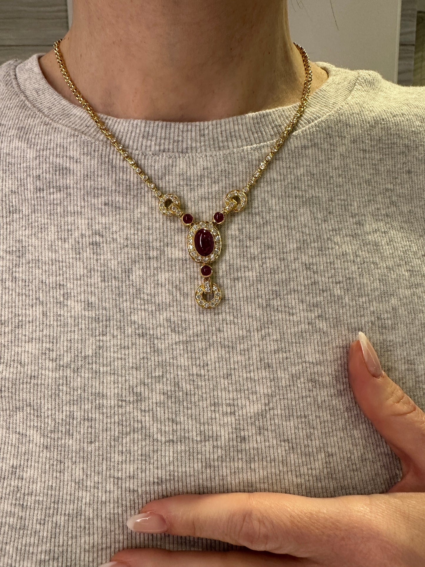 Estate Cabochon Ruby and Diamond Necklace