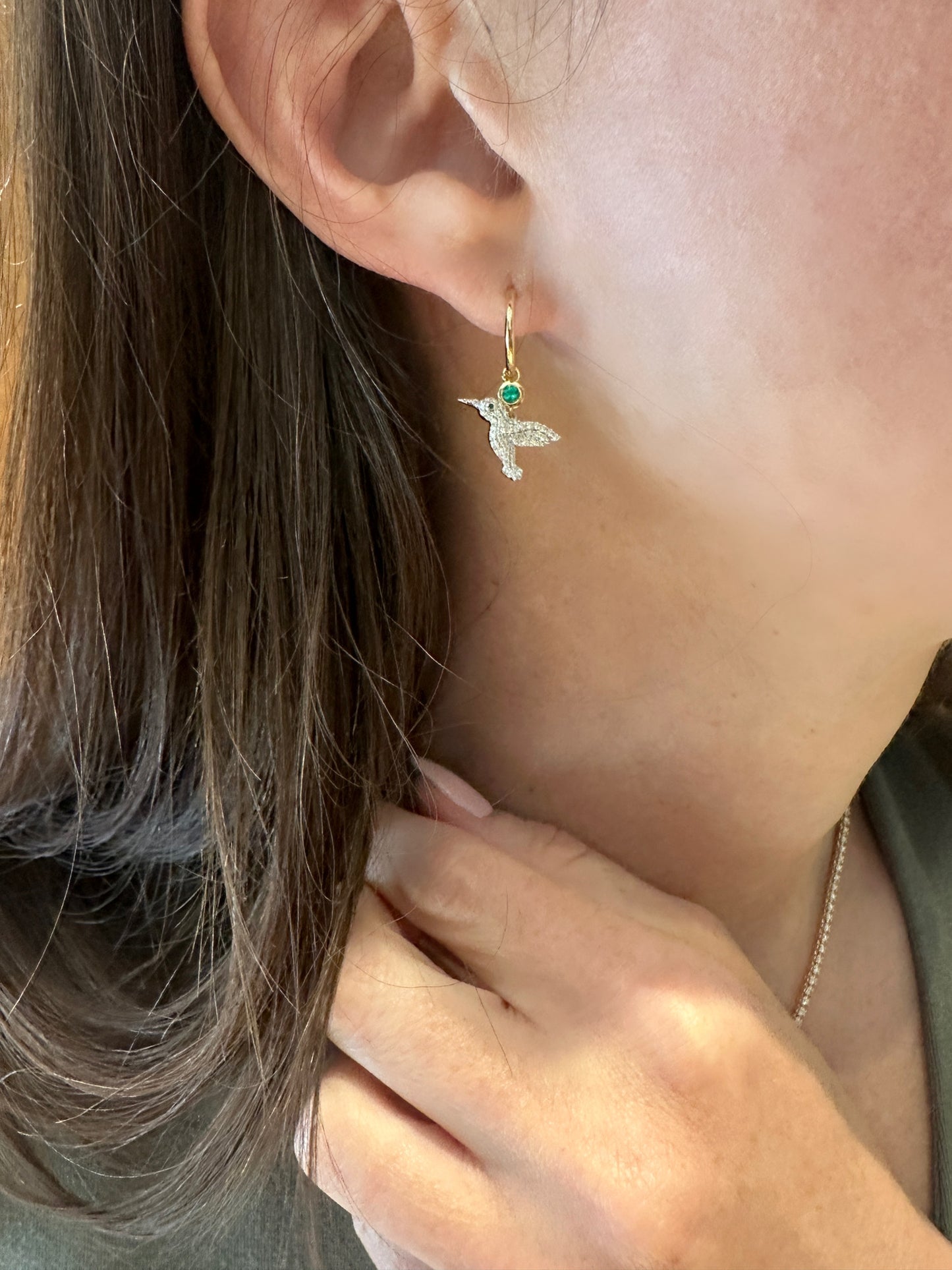 Small Diamond and Emerald Humming Bird Dangle Earrings