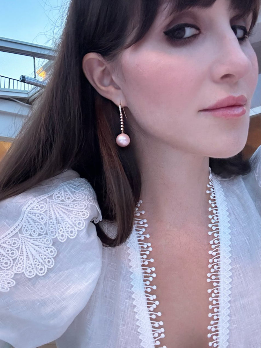 Pink Freshwater Pearl and Diamond Earrings Nicole Rose Fine Jewelry