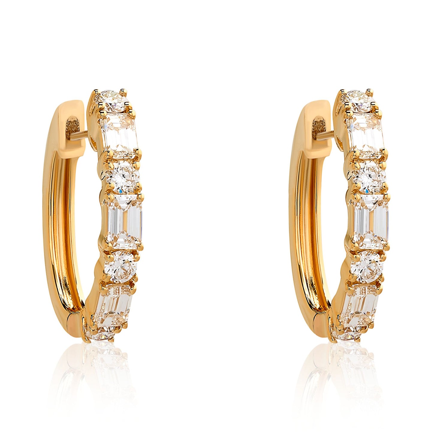 Round Diamond and Baguette Hoop Earrings