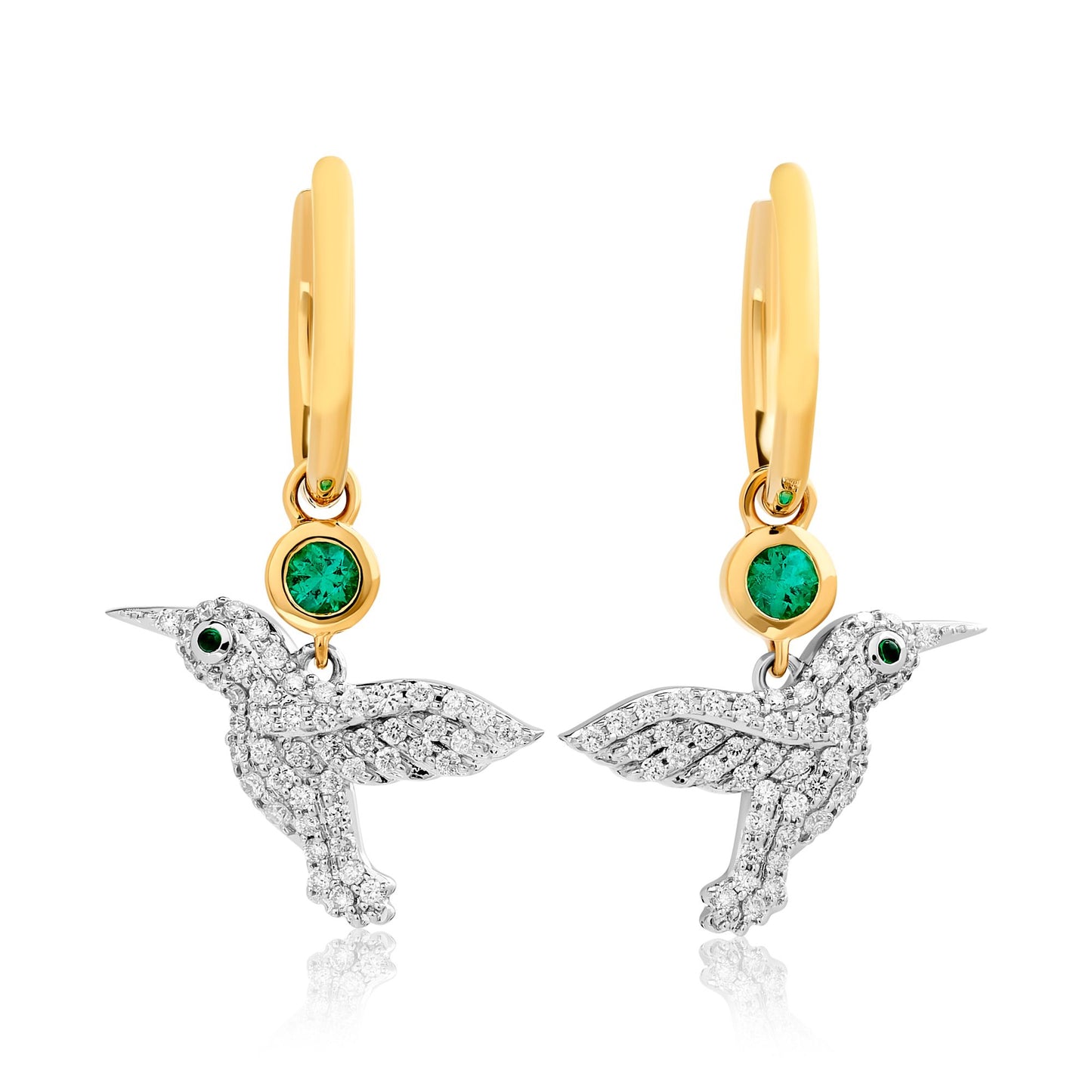 Small Diamond and Emerald Humming Bird Dangle Earrings