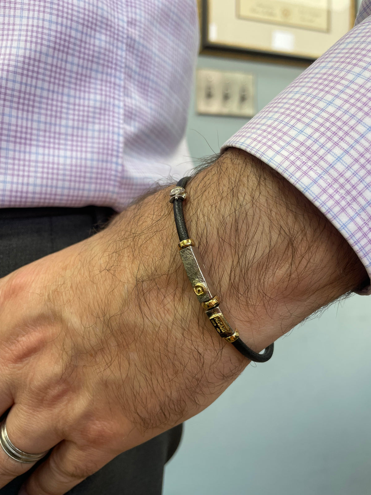 Mens Yellow Gold and Silver Leather Bracelet