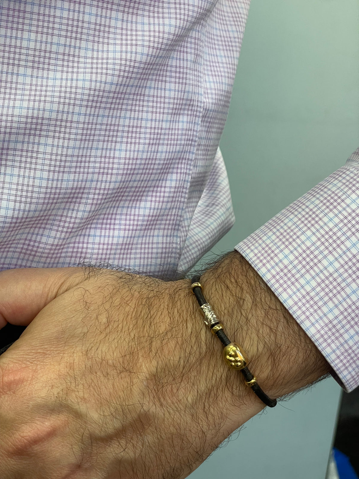 Mens Yellow Gold and Silver Leather Bracelet