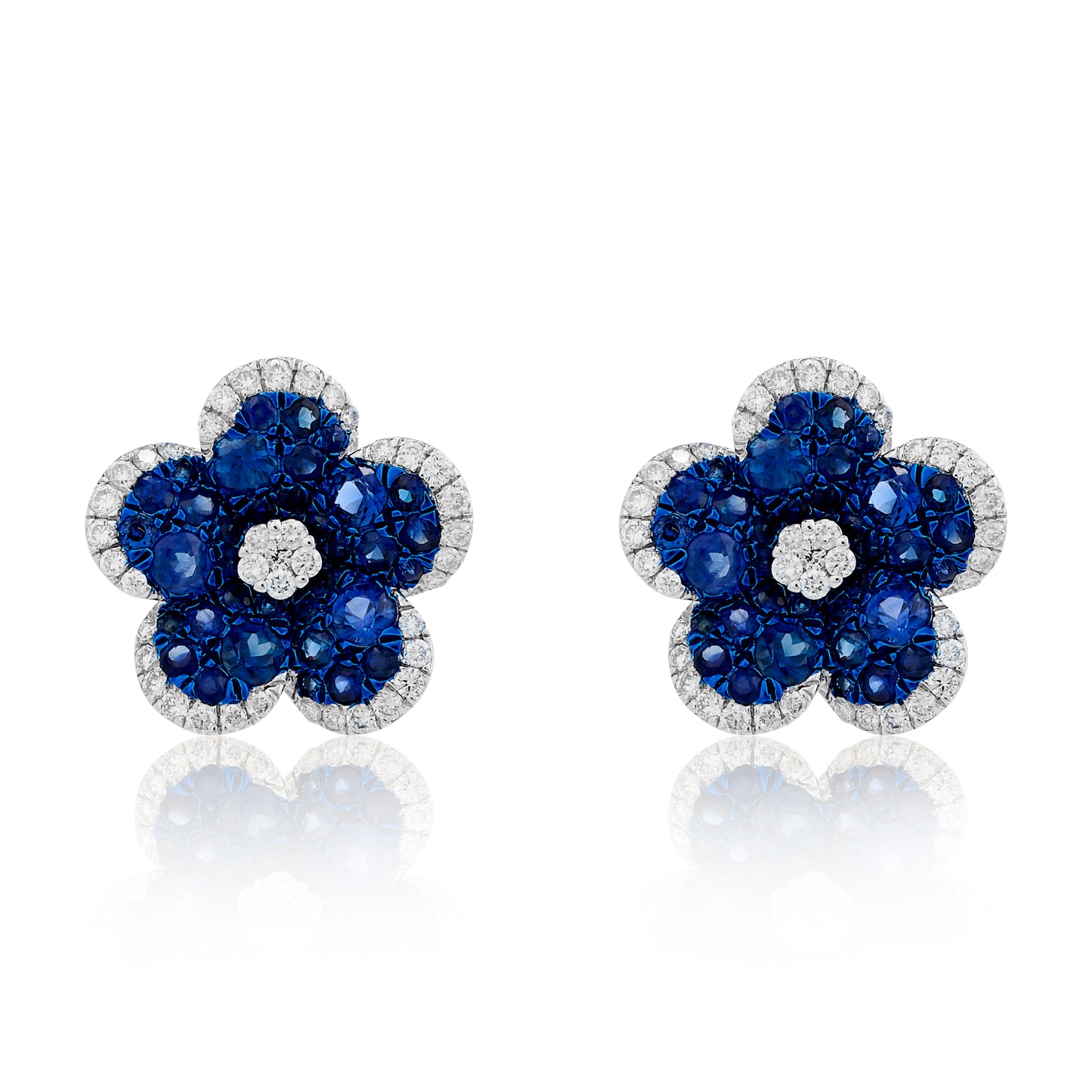 Blue Sapphire and Diamond Vibrant Flower Earrings.