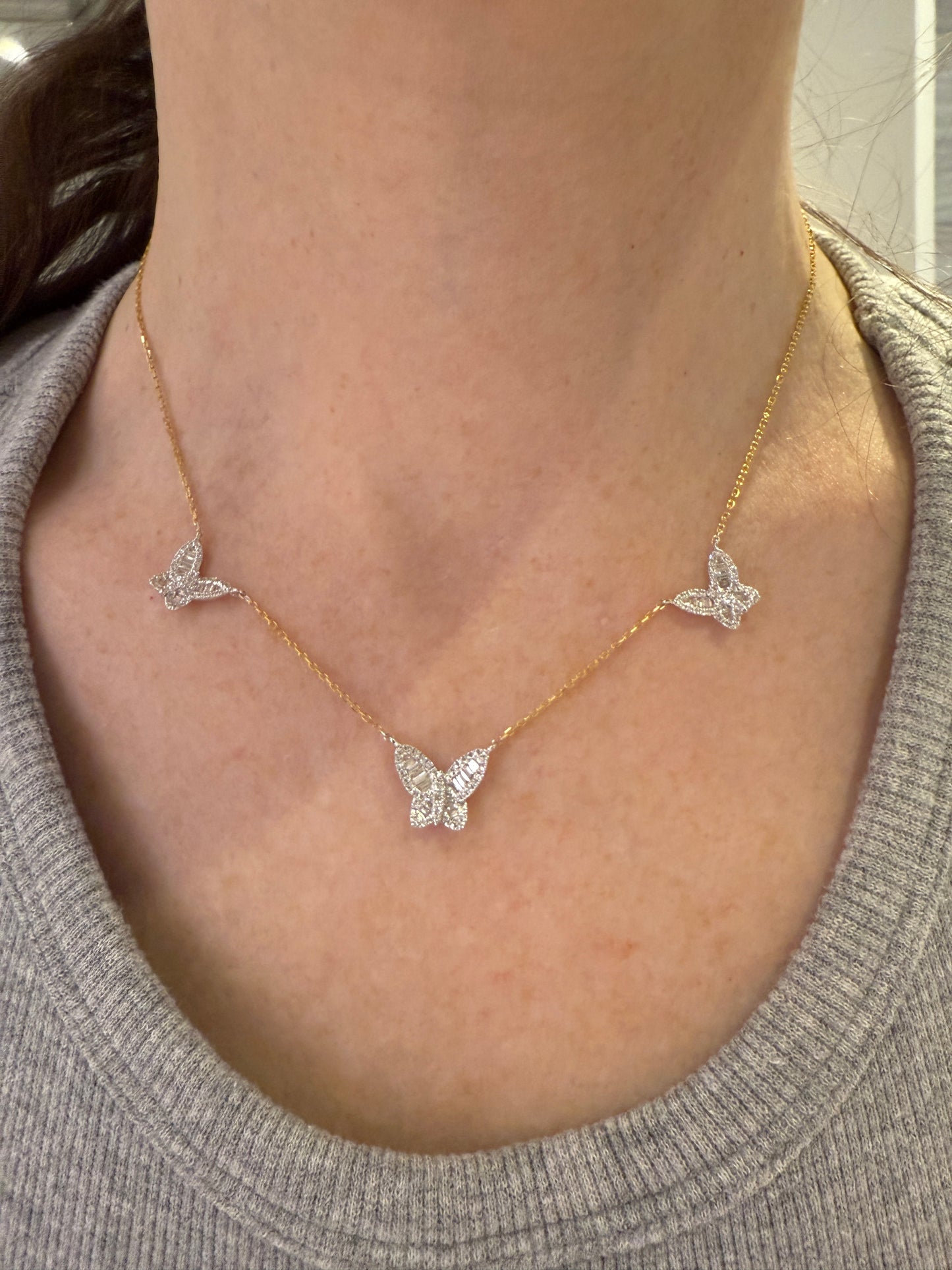 Triple Butterfly Diamond Two Tone Necklace