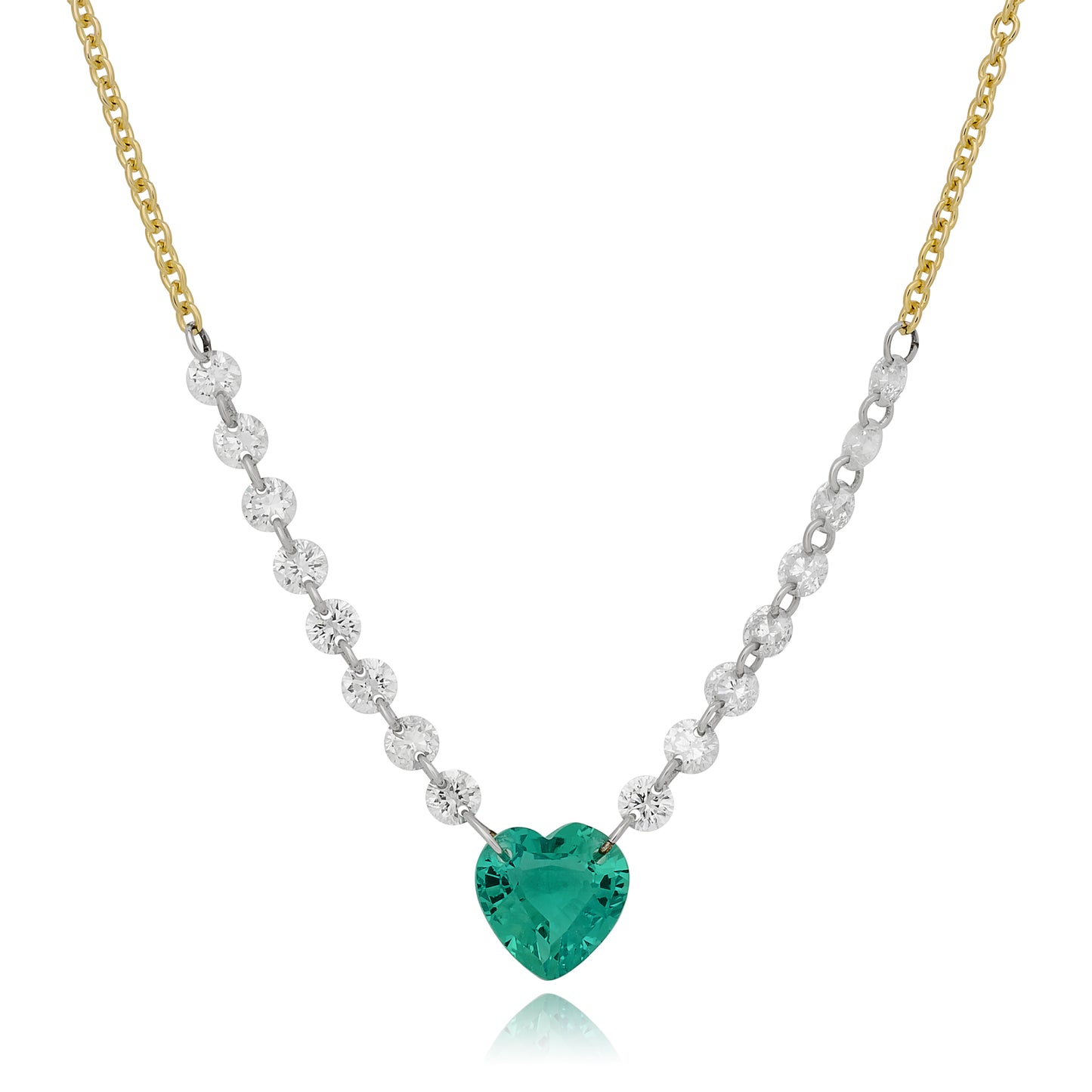 Heart Shape Emerald and Diamond Floating Necklace.