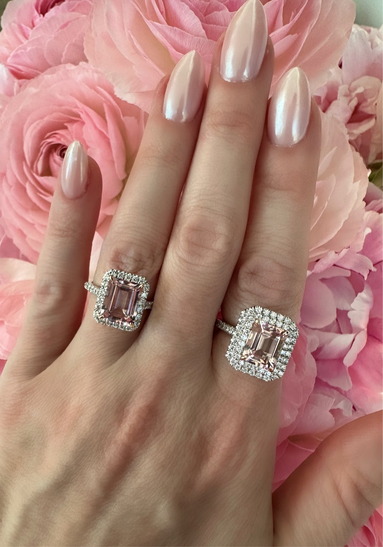 Morganite and Double Diamond Halo Ring