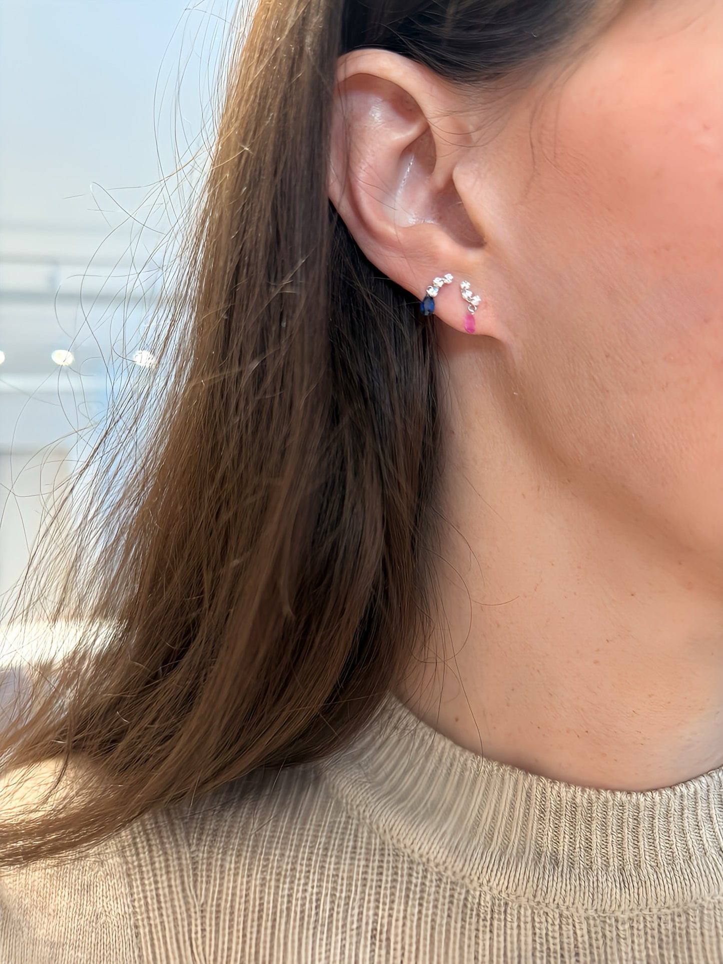 Curved Diamond and Pink Sapphire Earrings