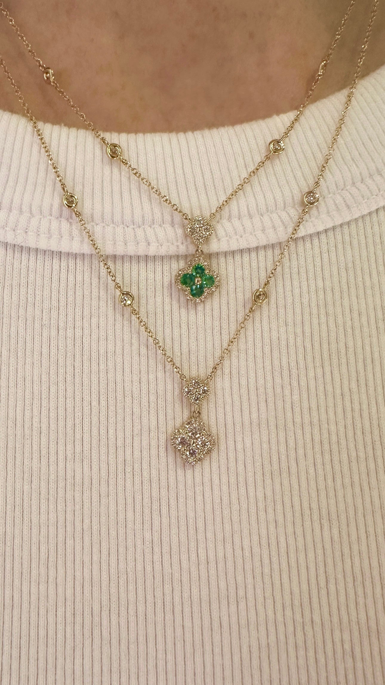 Double Dangle Diamond Emerald Clover By The Yard Necklace