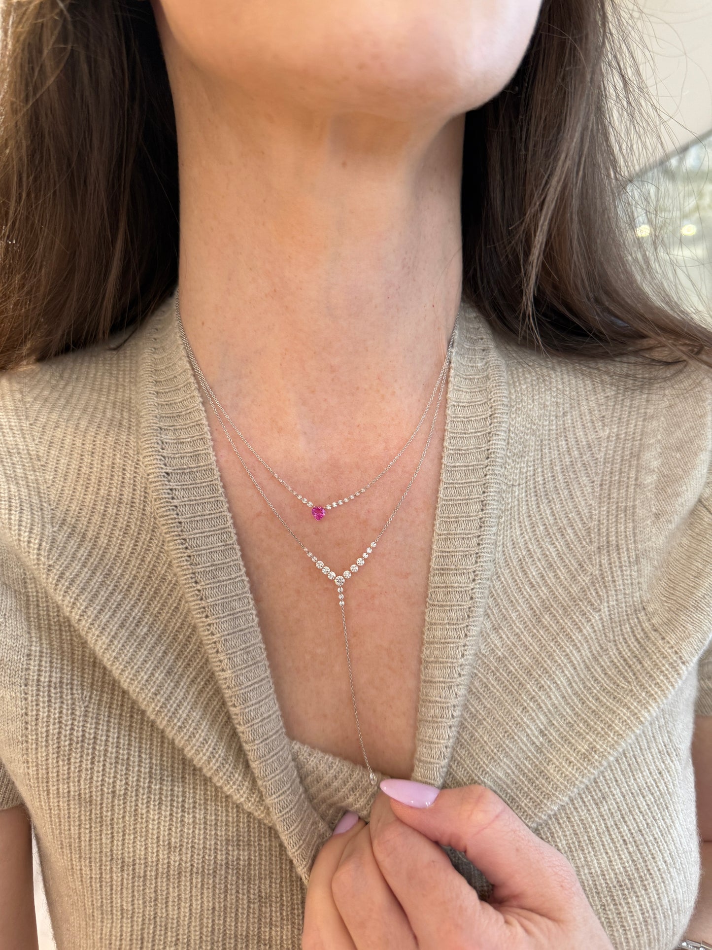 Heart Shape Pink Sapphire and Diamond Floating Necklace