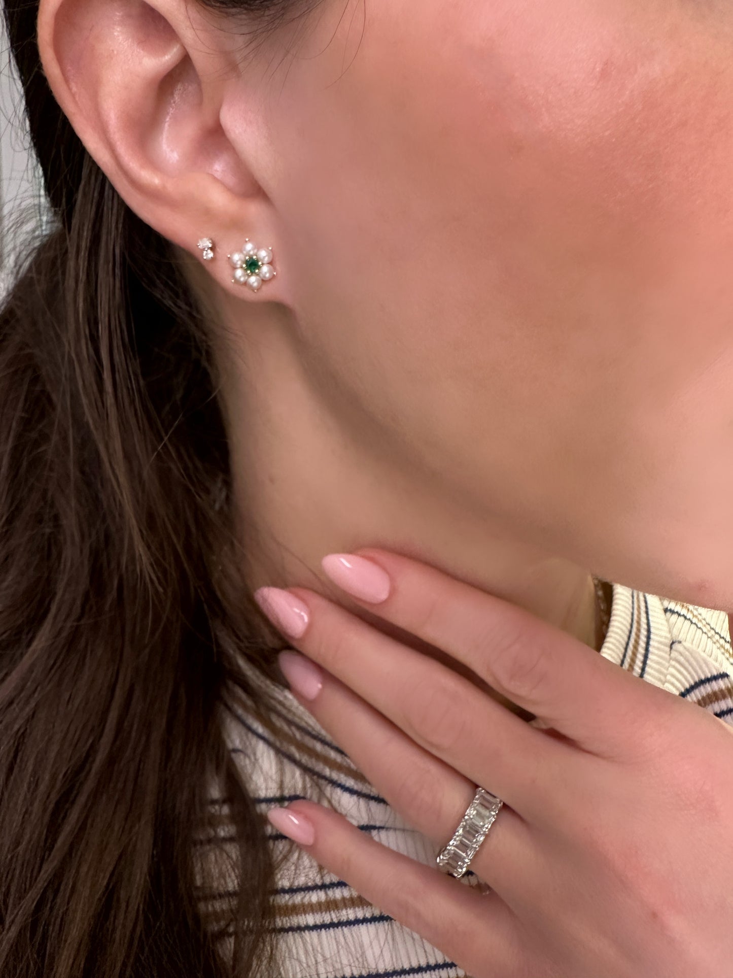 Pearl and Green Emerald Stud Earrings