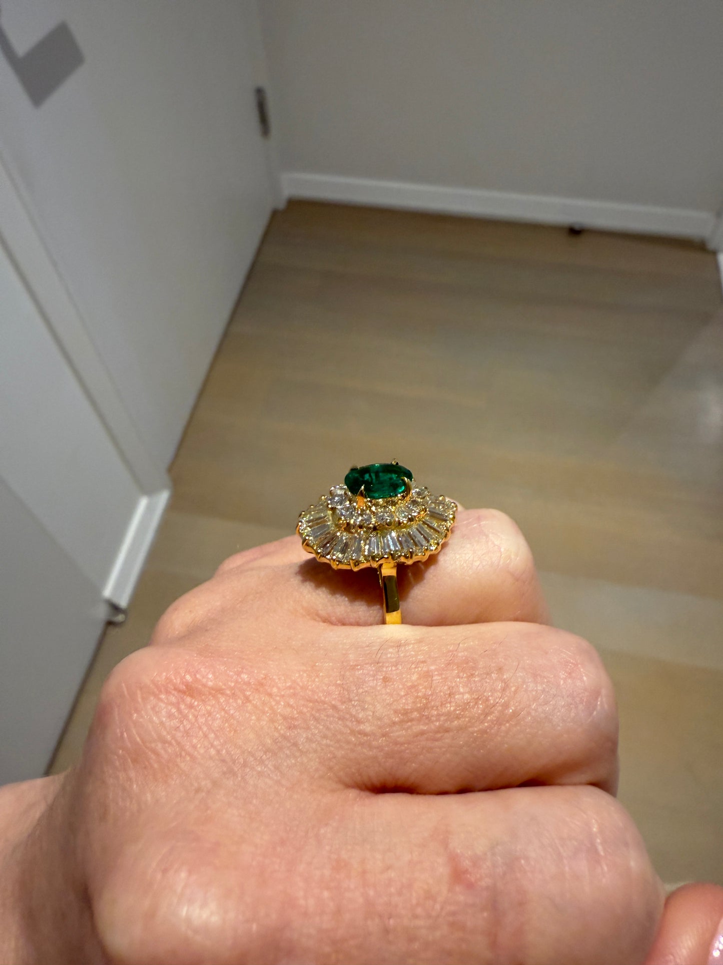 Yellow Gold Green Emerald and Diamond Vintage Ring