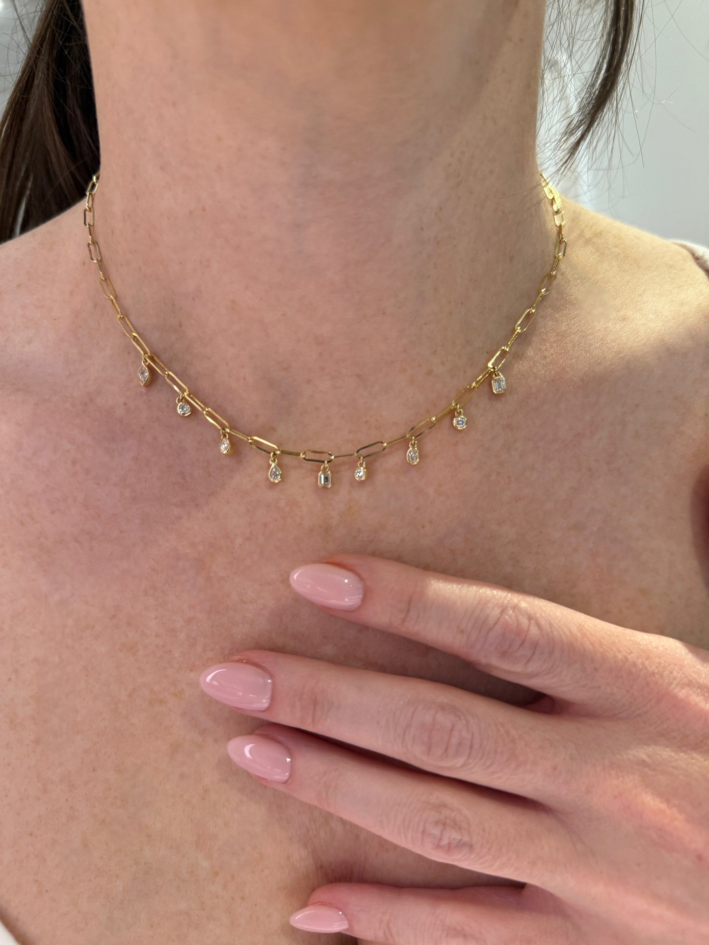 Mixed Cut Diamond Paper Clip Charm Necklace