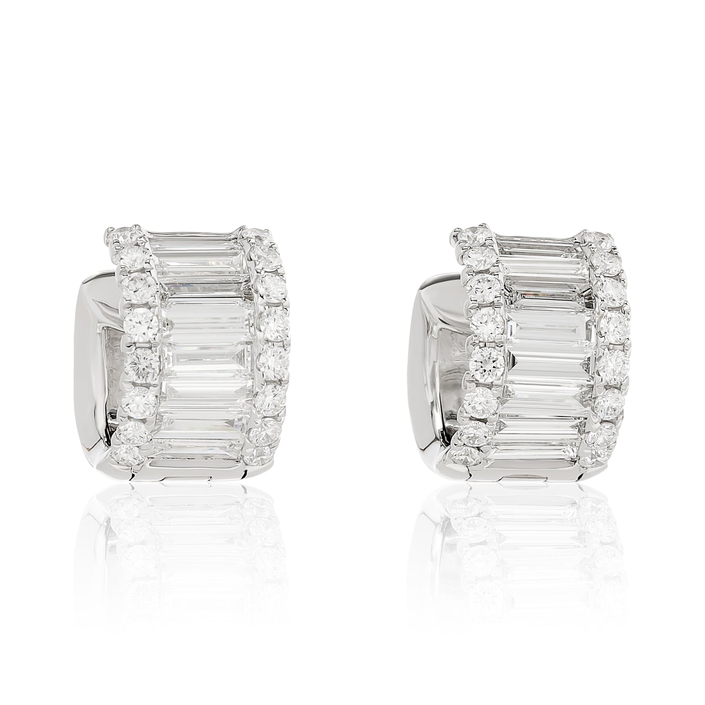 Round and Baguette Diamond Hoop Huggie Earrings