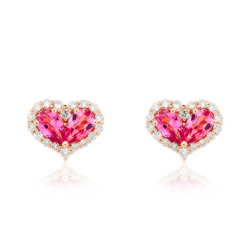 Chubby Pink Tourmaline and Diamond Heart Stud Earrings