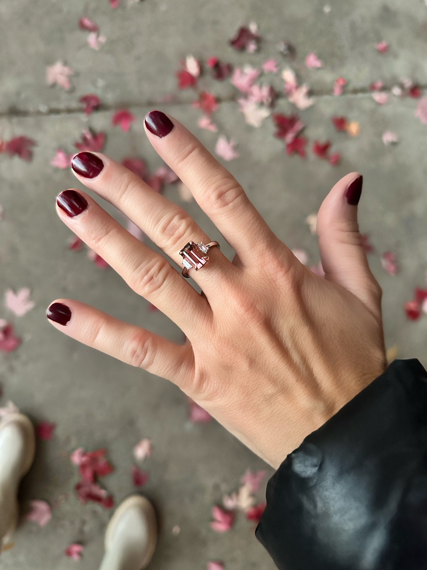 Three Stone Pink Tourmaline and Diamond Ring