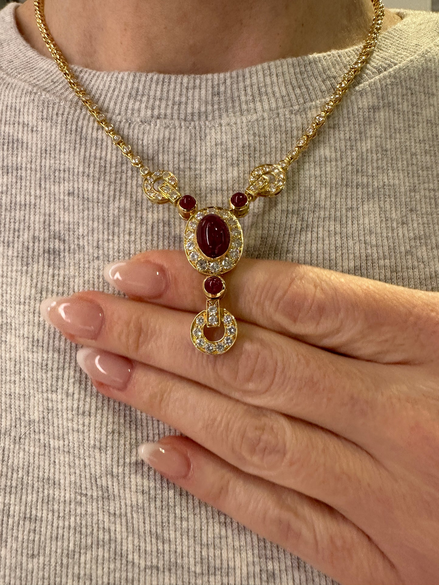 Estate Cabochon Ruby and Diamond Necklace