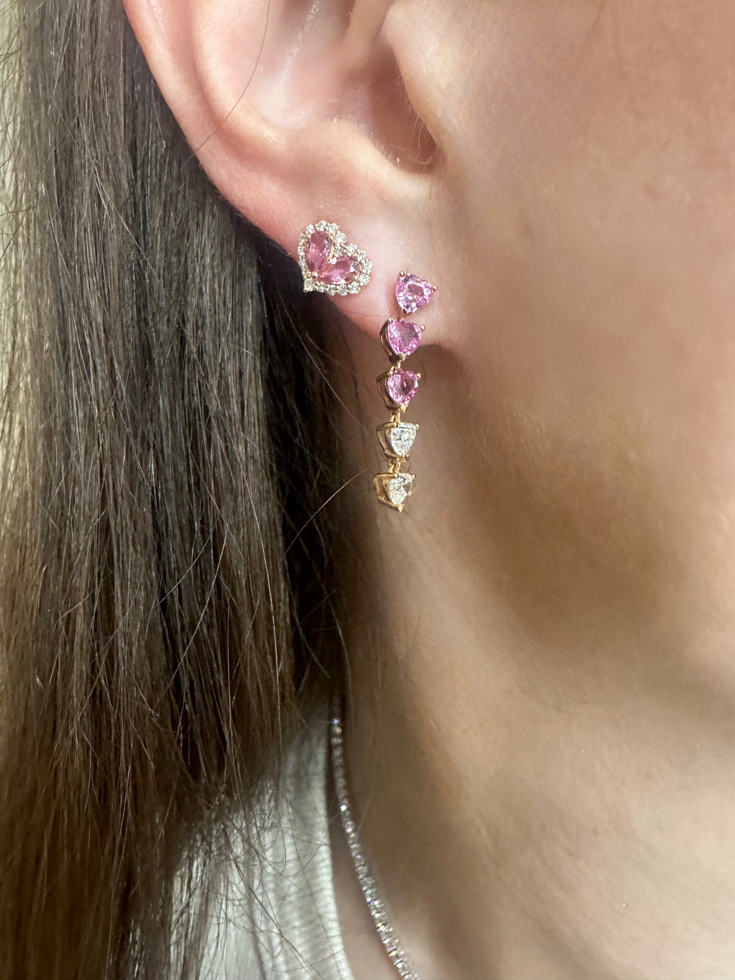 Chubby Pink Tourmaline and Diamond Heart Stud Earrings