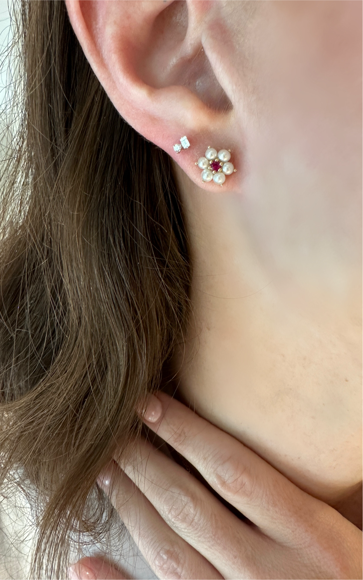 Pearl and Ruby Cluster Earrings