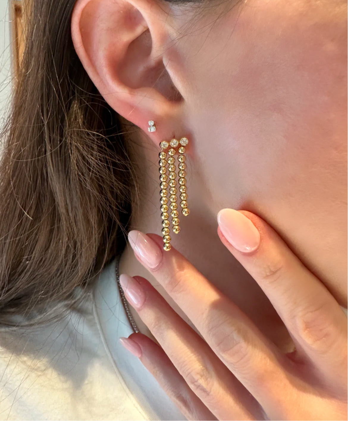 Yellow Gold Bead Diamond Dangle Earrings