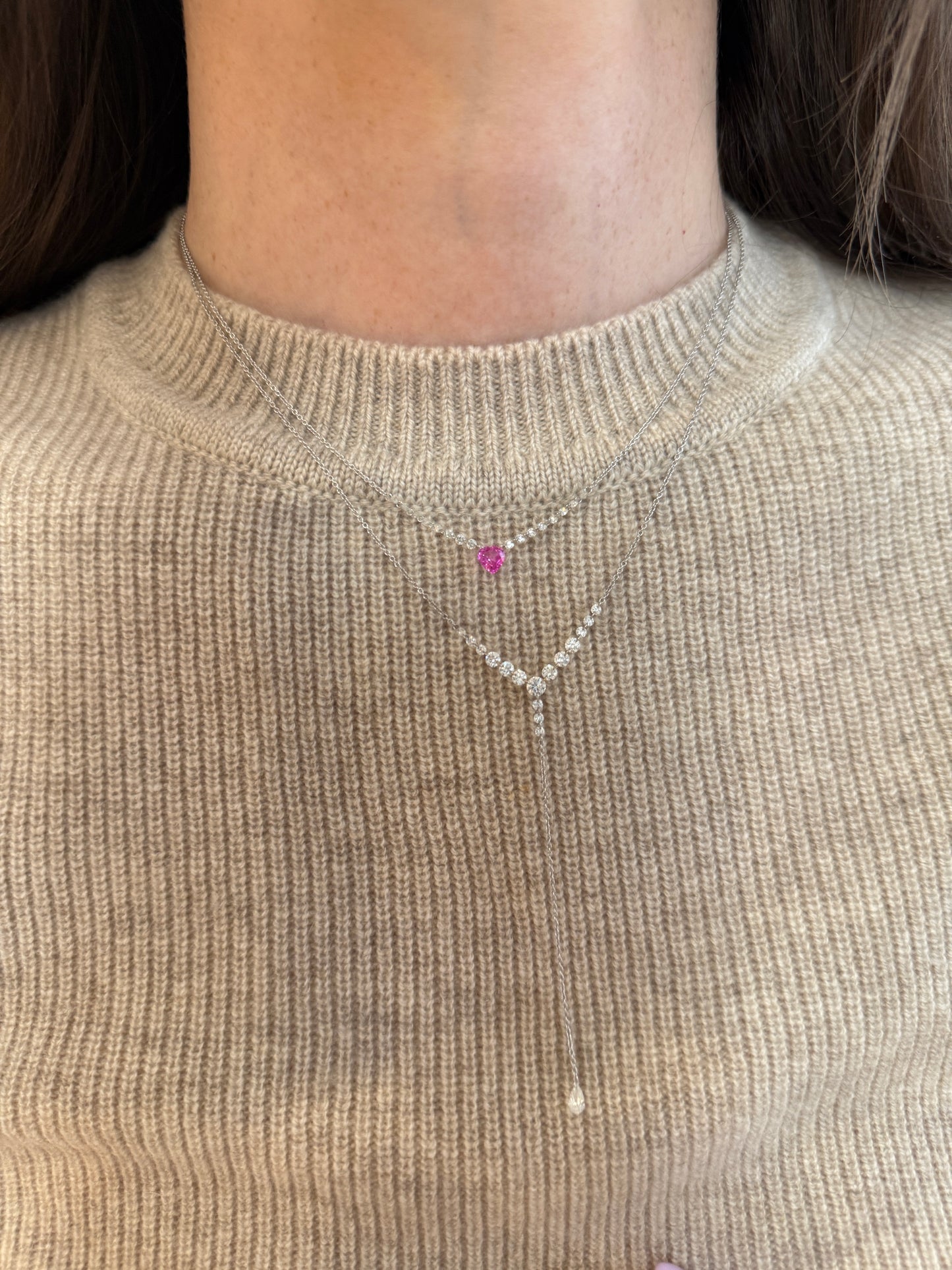 Heart Shape Pink Sapphire and Diamond Floating Necklace