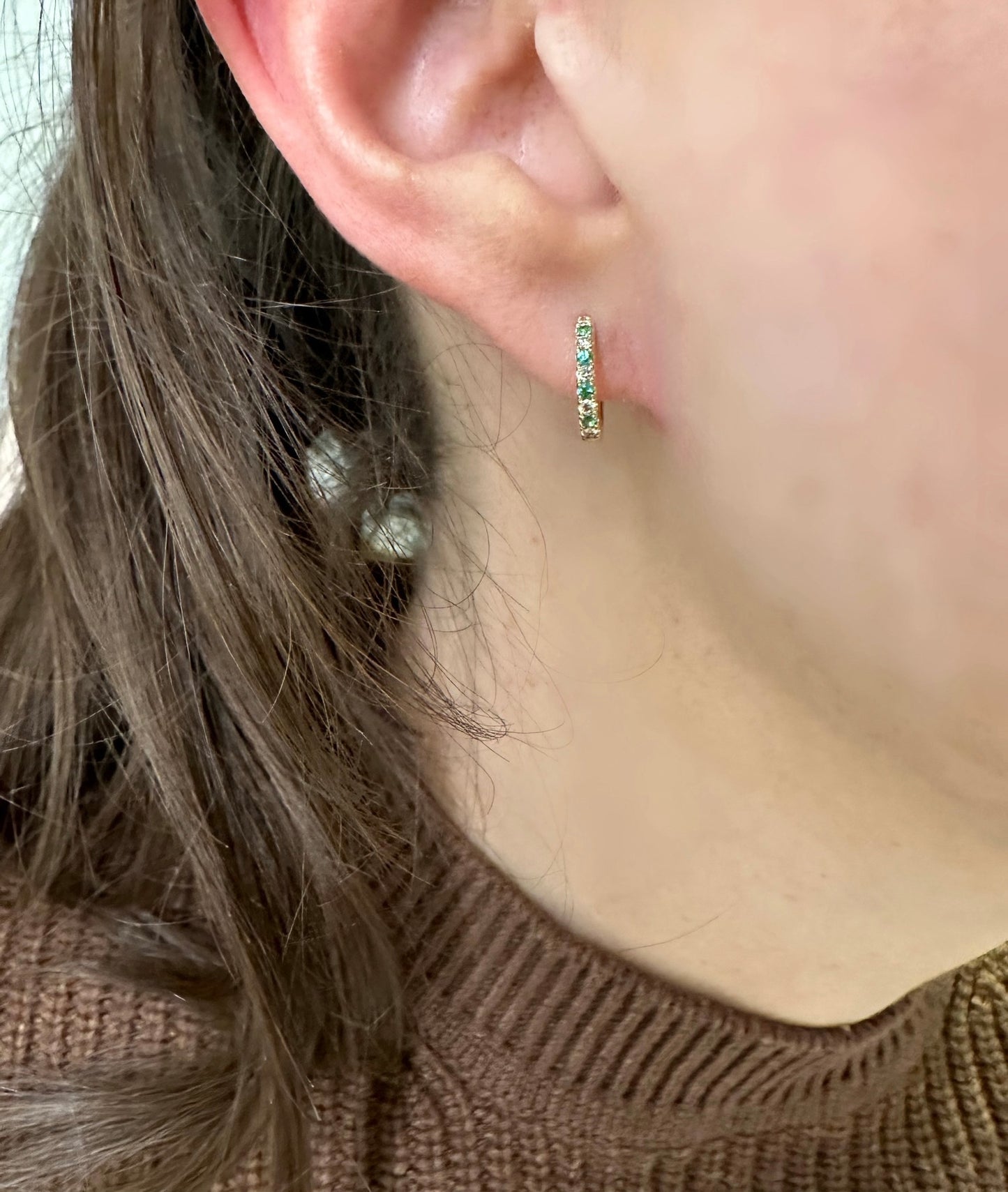 Alternating Diamond and Emerald Petite Hoop Earrings