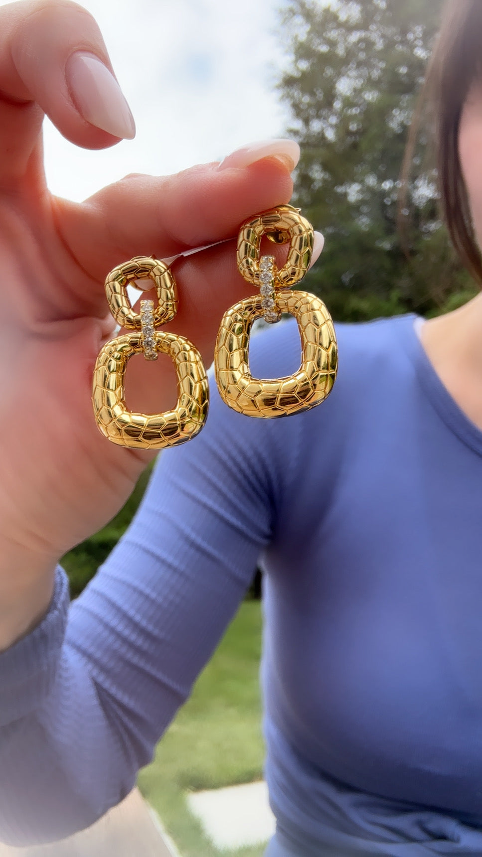 Two Square Textured Link Dangle Earrings - Two