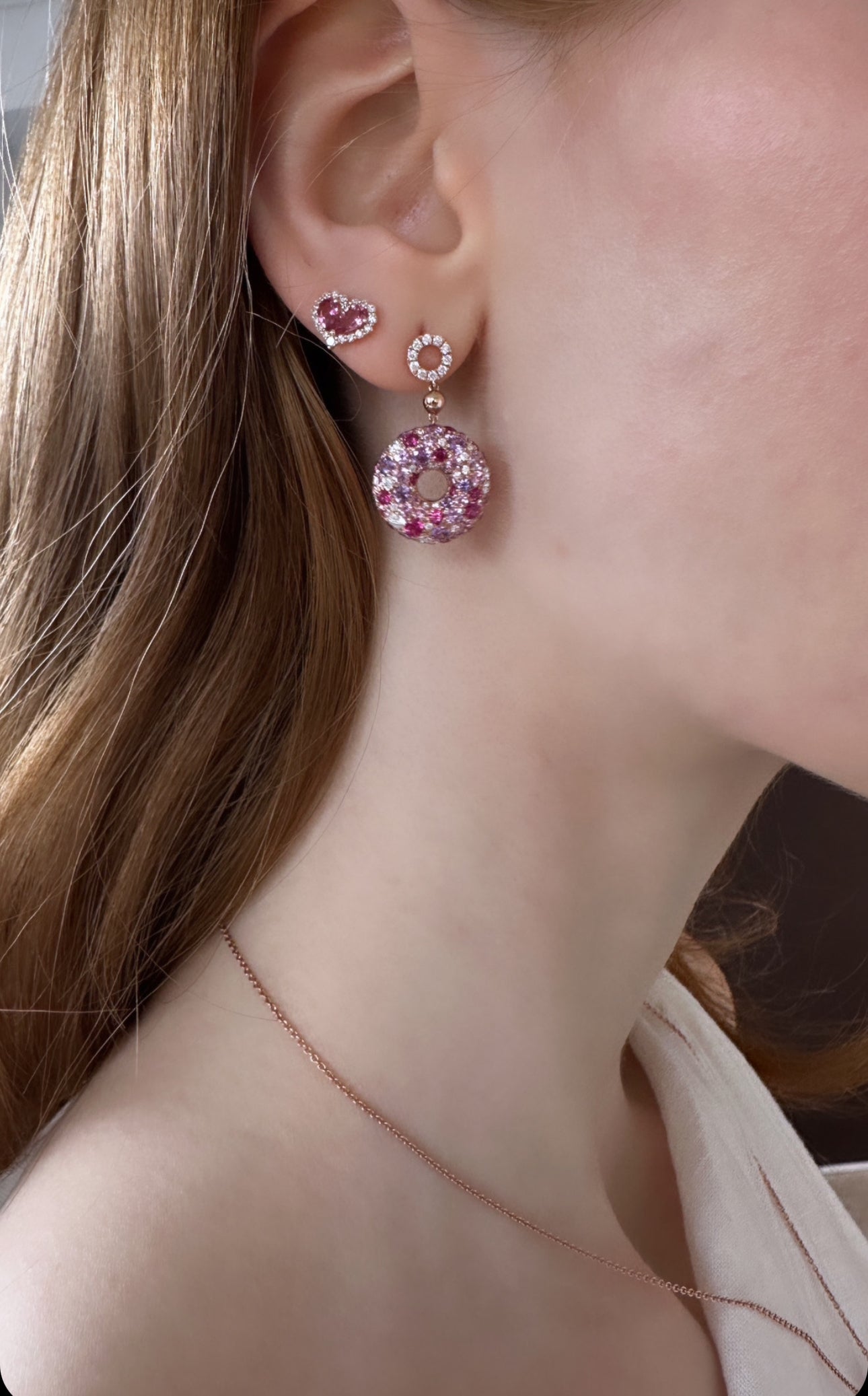 Chubby Pink Tourmaline and Diamond Heart Stud Earrings