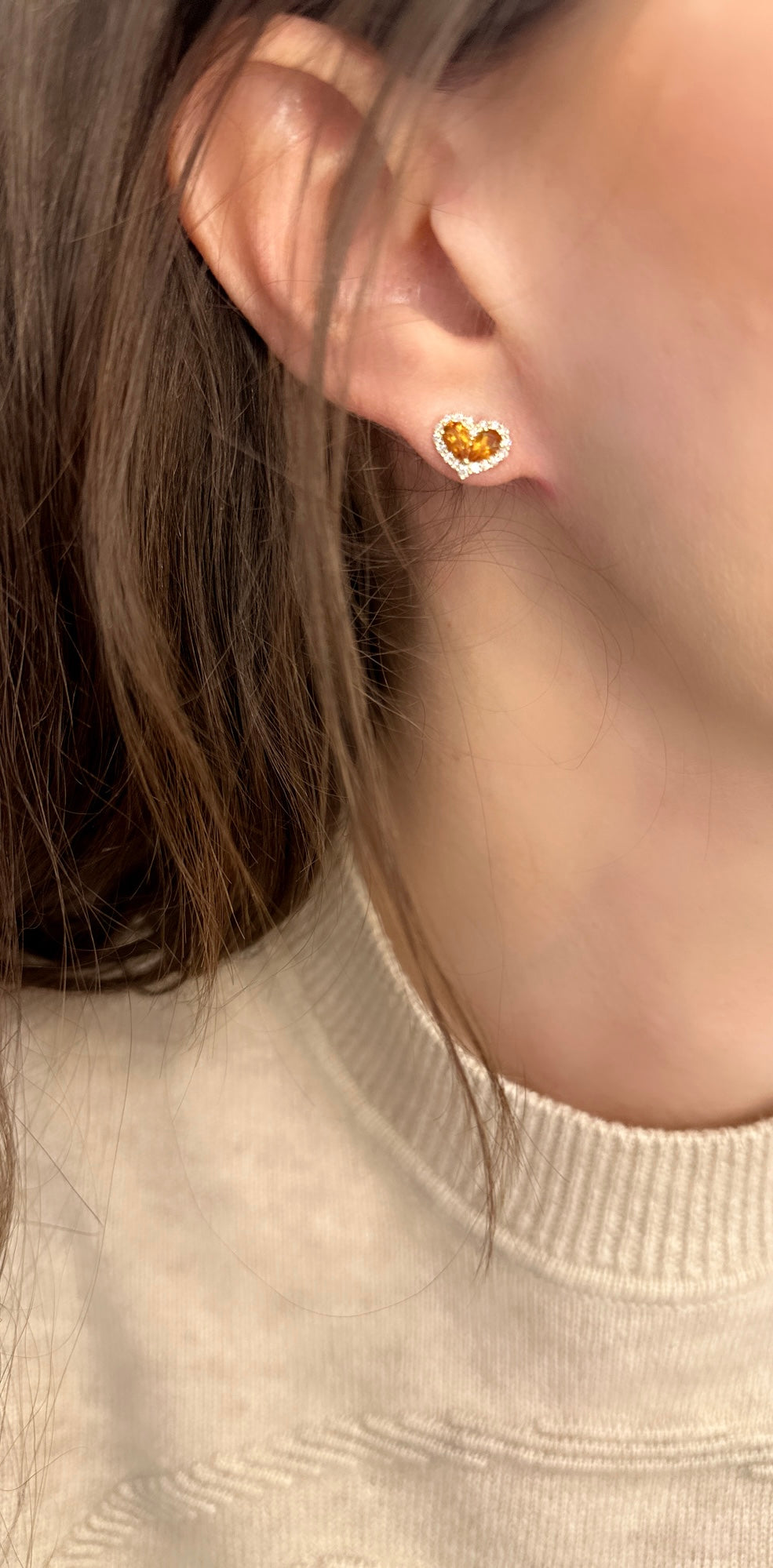 Chubby Citrine and Diamond Heart Stud Earrings - Two