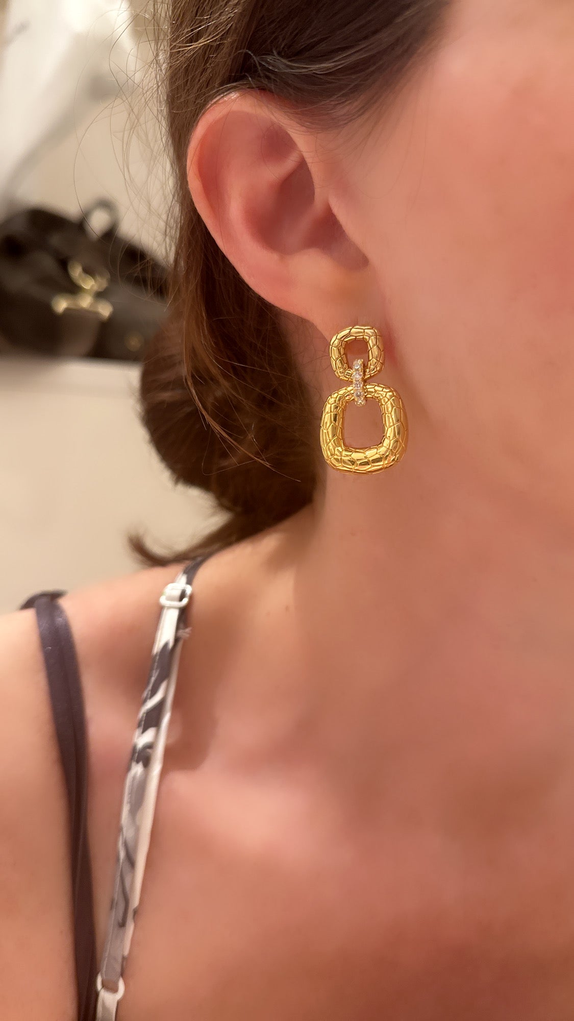 Two Square Textured Link Dangle Earrings - Four
