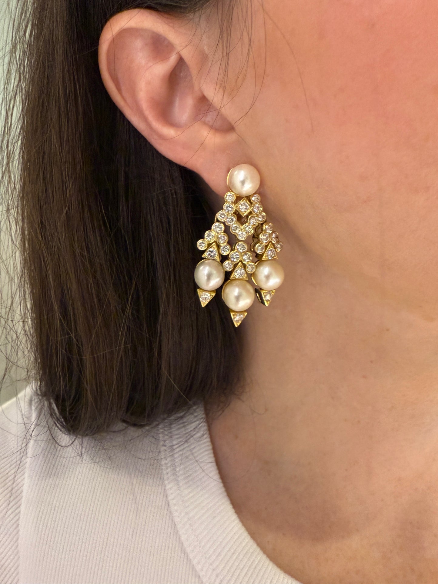 Estate Chandelier Pearl and Diamond Earrings