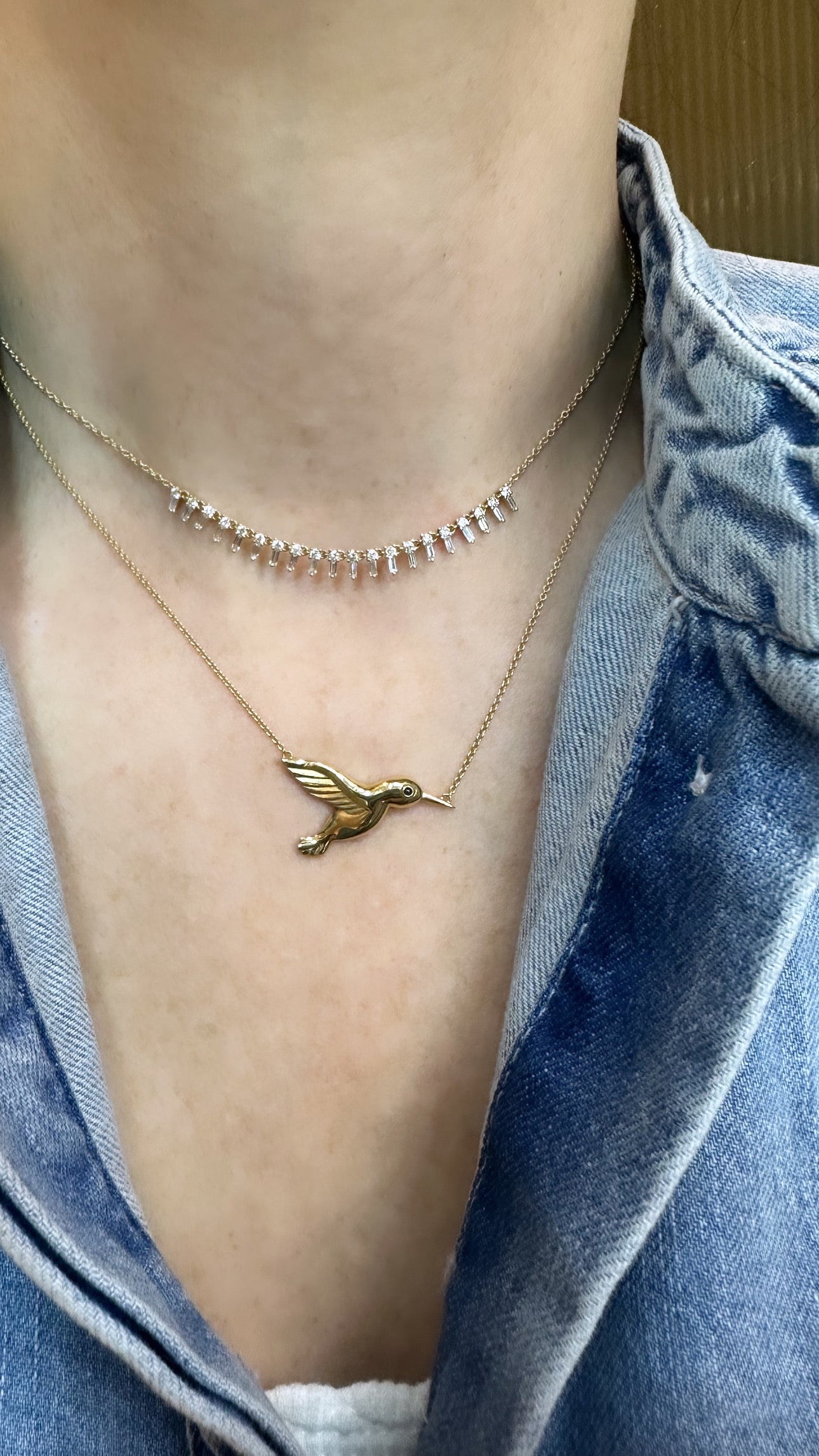 Large Gold Sapphire Hummingbird Pendant