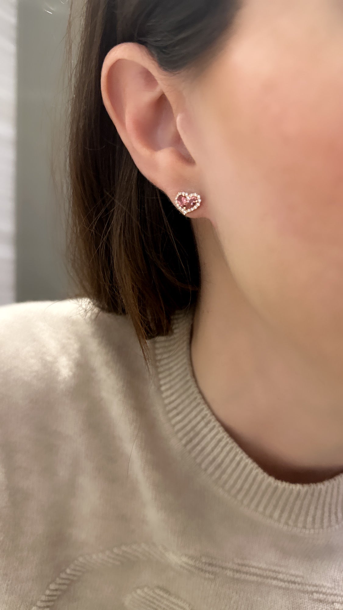 Chubby Pink Tourmaline and Diamond Heart Stud Earrings