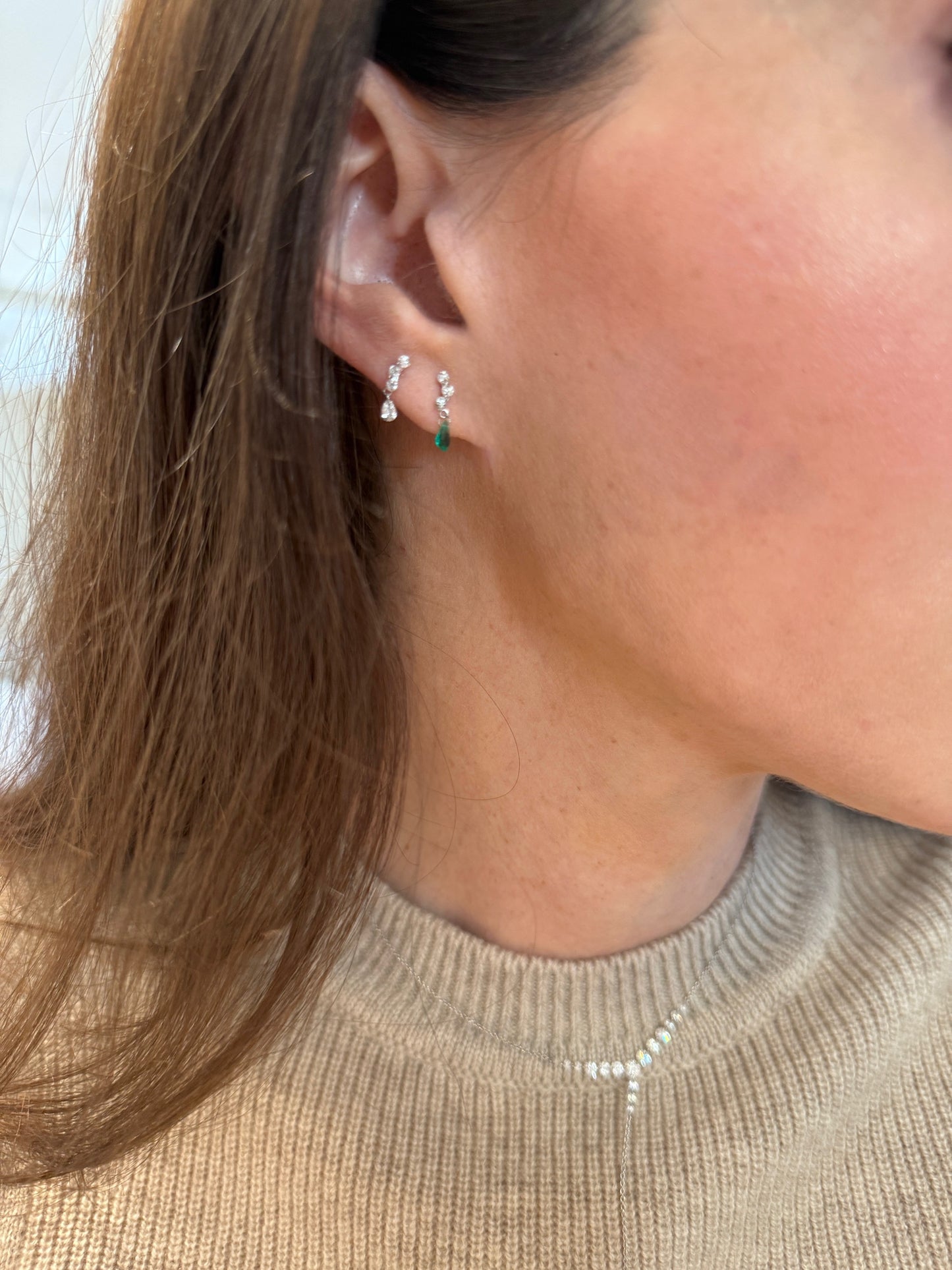 Curved Diamond and Emerald Floating Stud Earrings