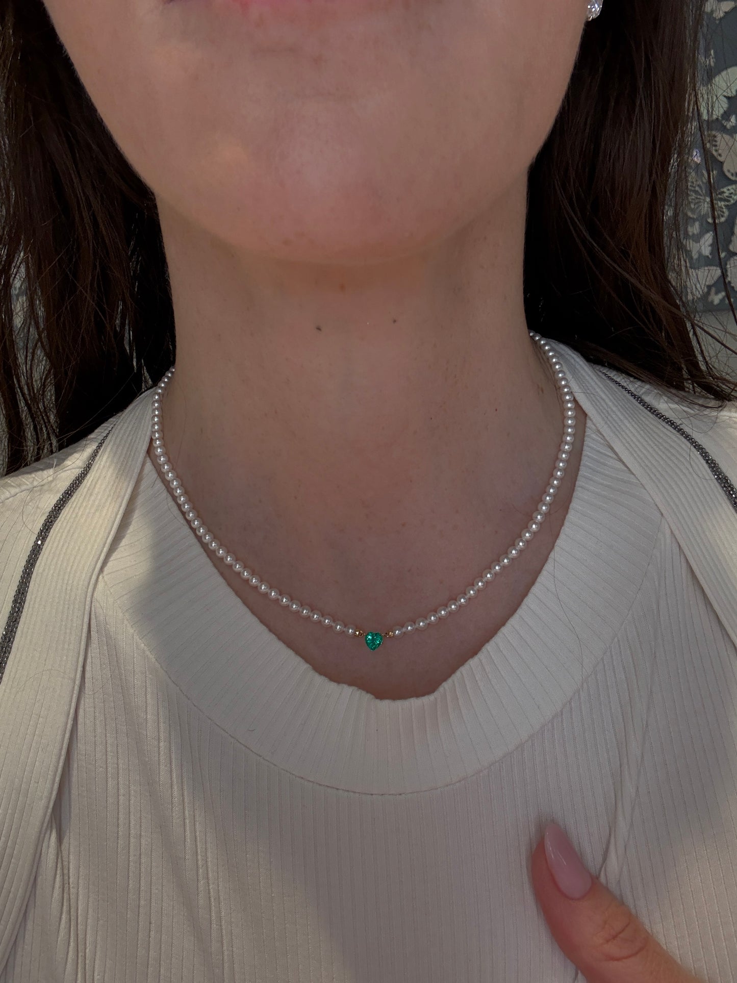 Heart Shape Emerald and Pearl Necklace