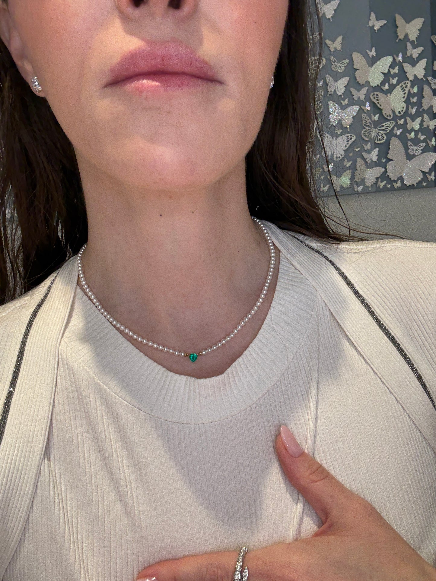 Heart Shape Emerald and Pearl Necklace