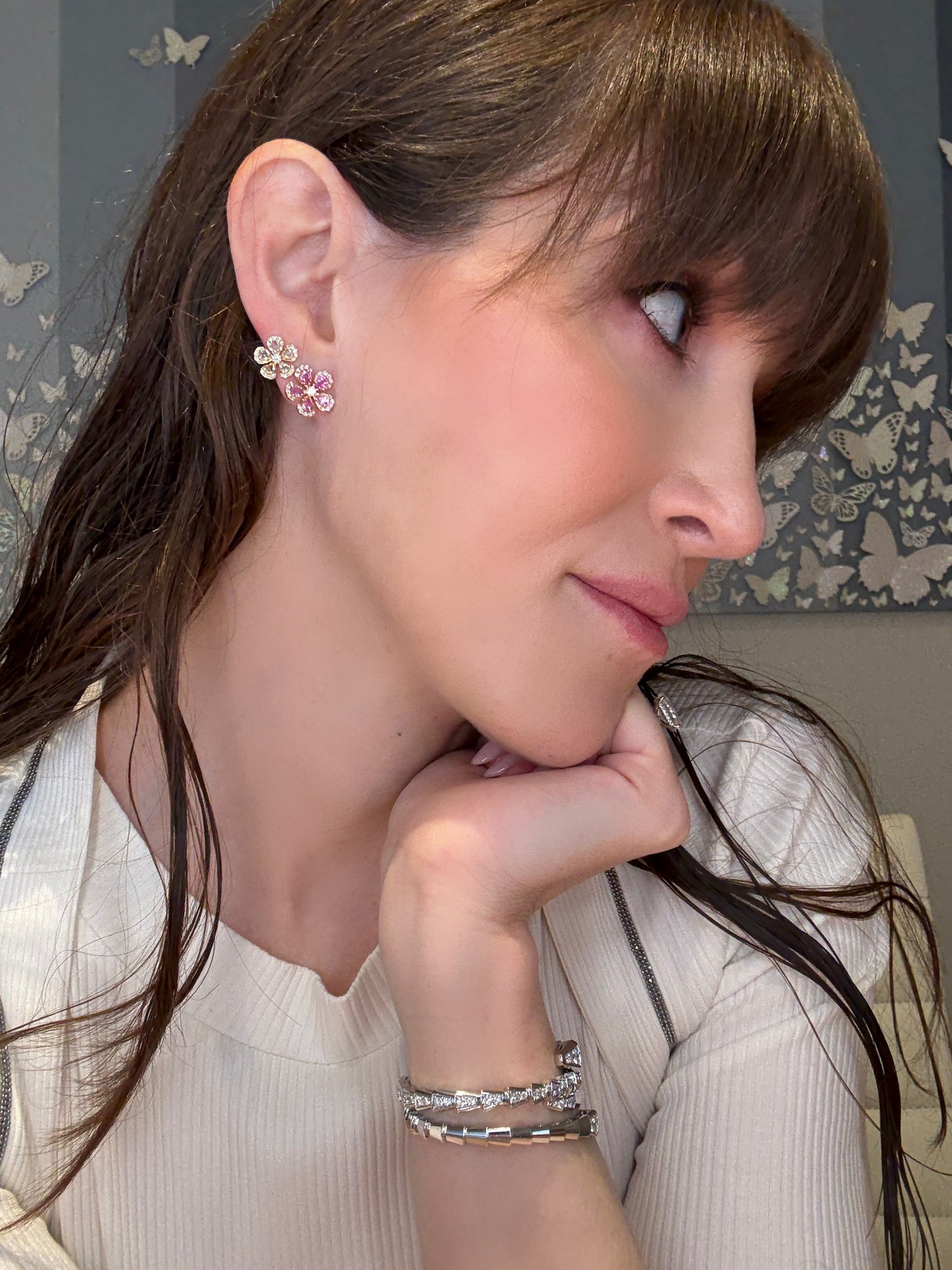 Pink Sapphire Rose Cut and Diamond Flower Earrings