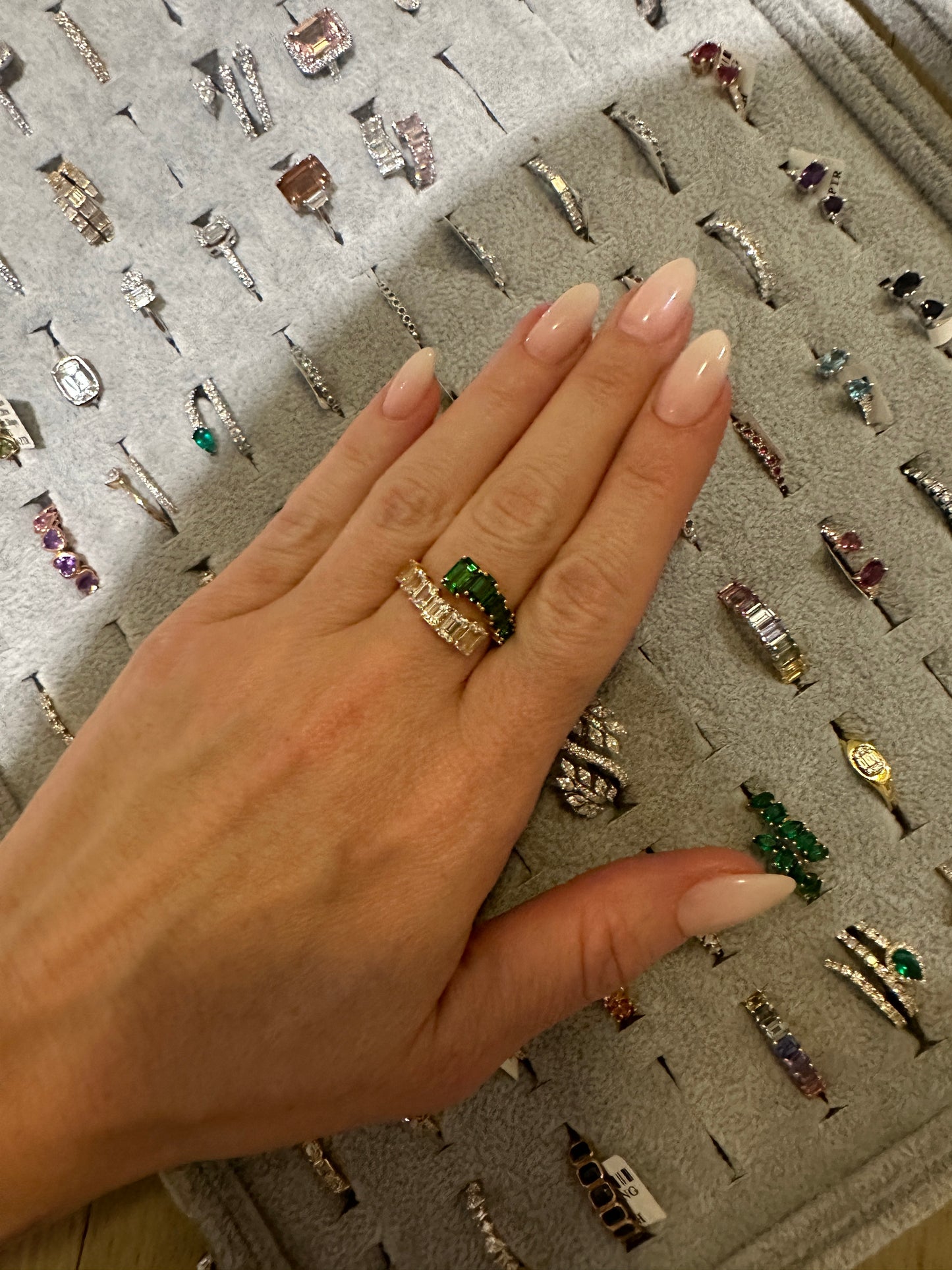 Tsavorite and White Topaz Bypass Ring - Three
