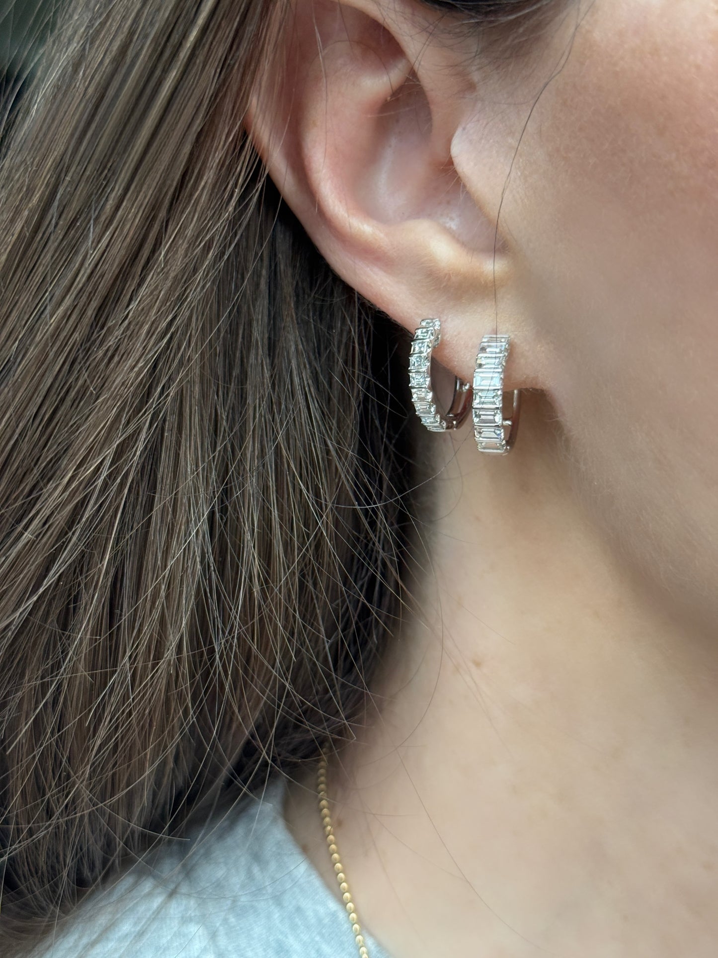 DIamond Bar Set Baguette Diamond Huggie Hoop Earrings