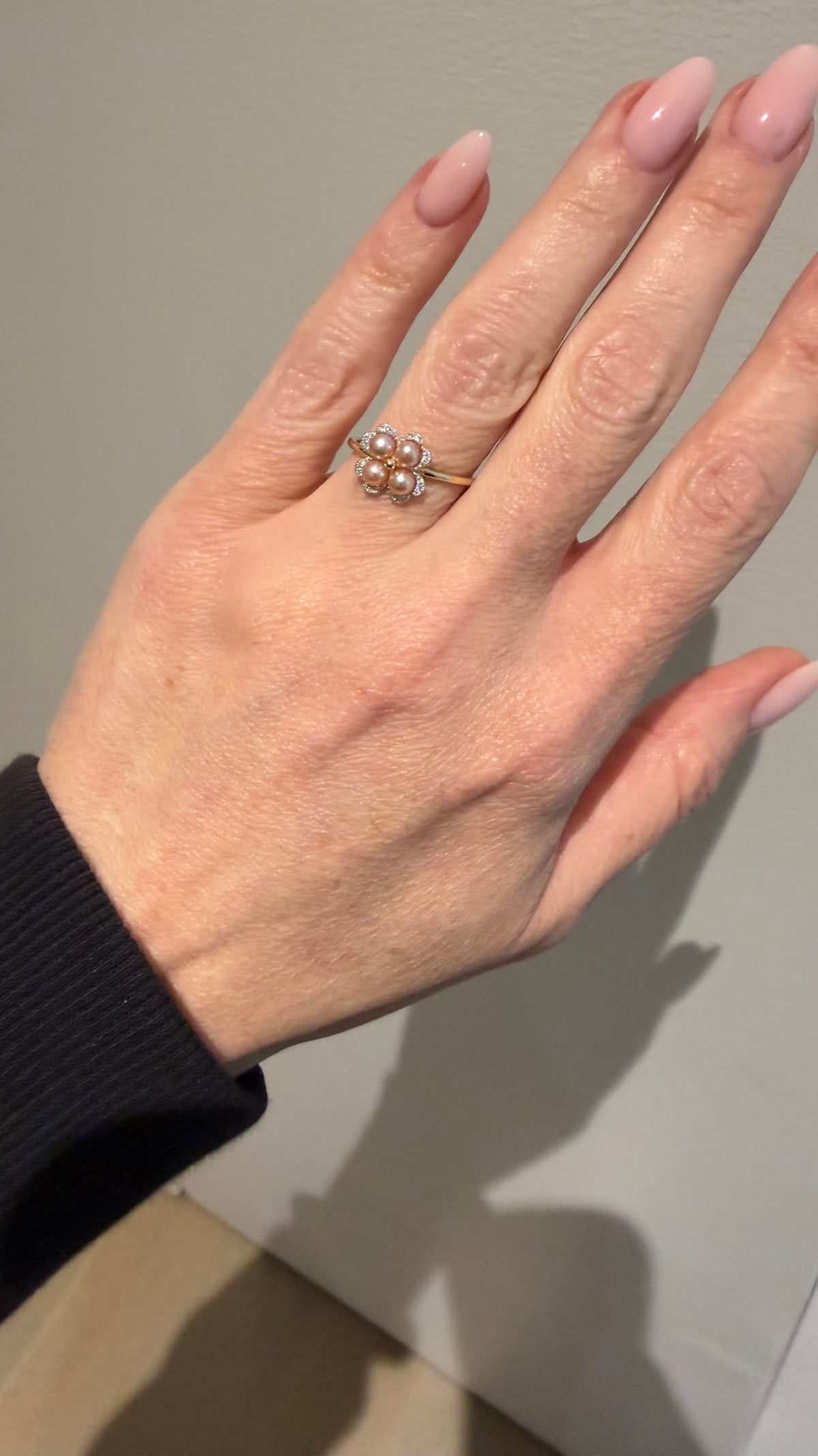 Pink Pearl and Diamond Clover Ring