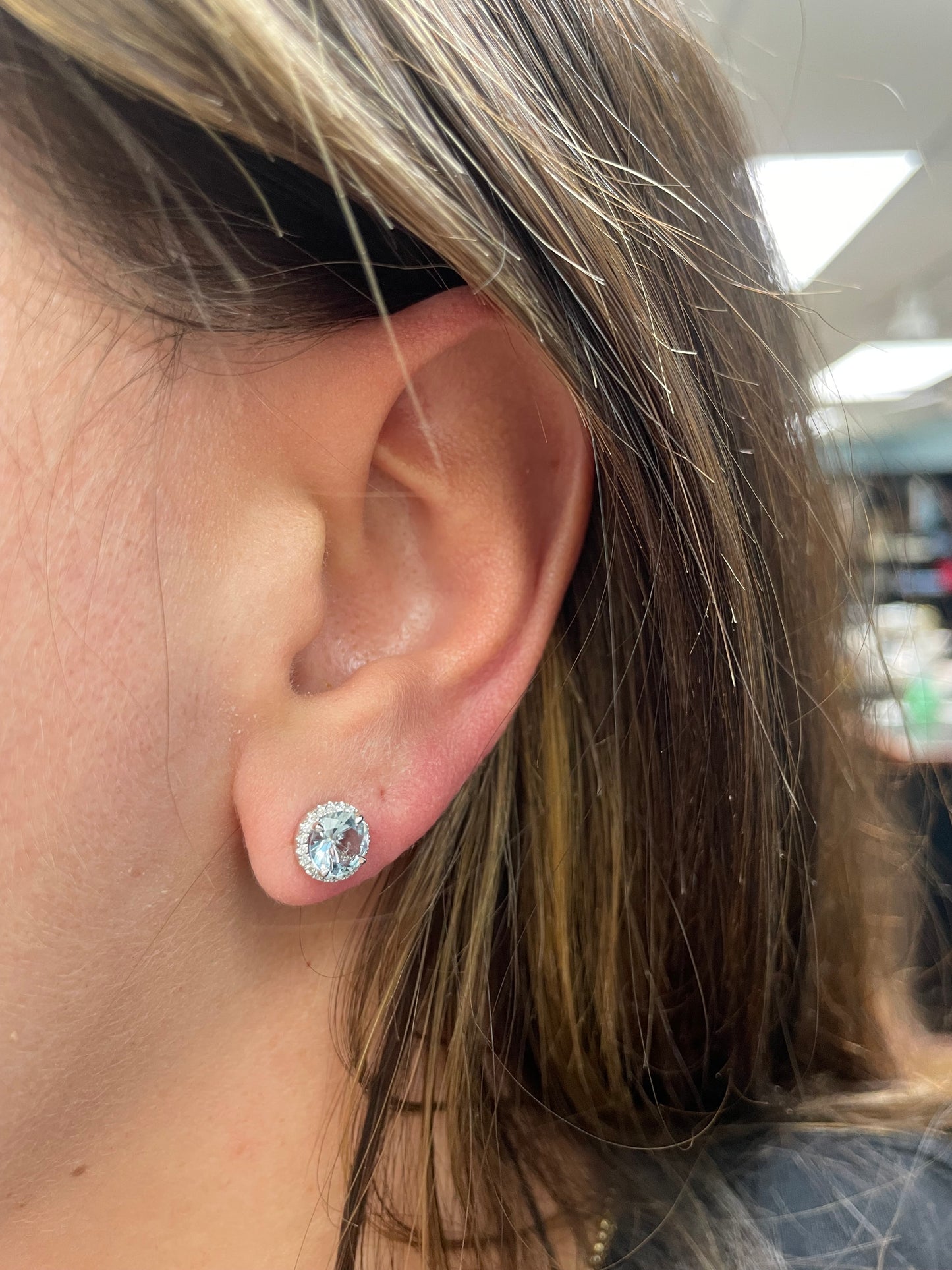 Aquamarine and Diamond Halo Studs in Large