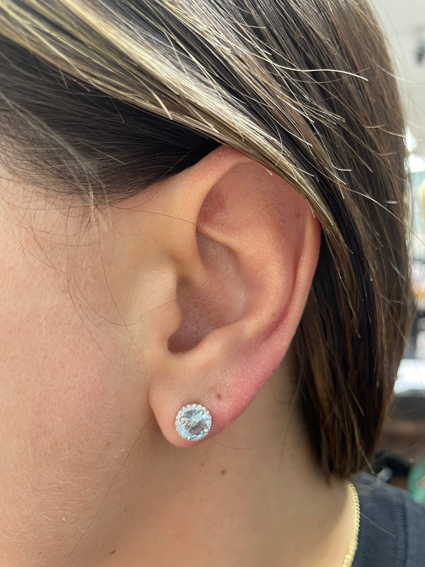 Aquamarine and Diamond Halo Studs in Large