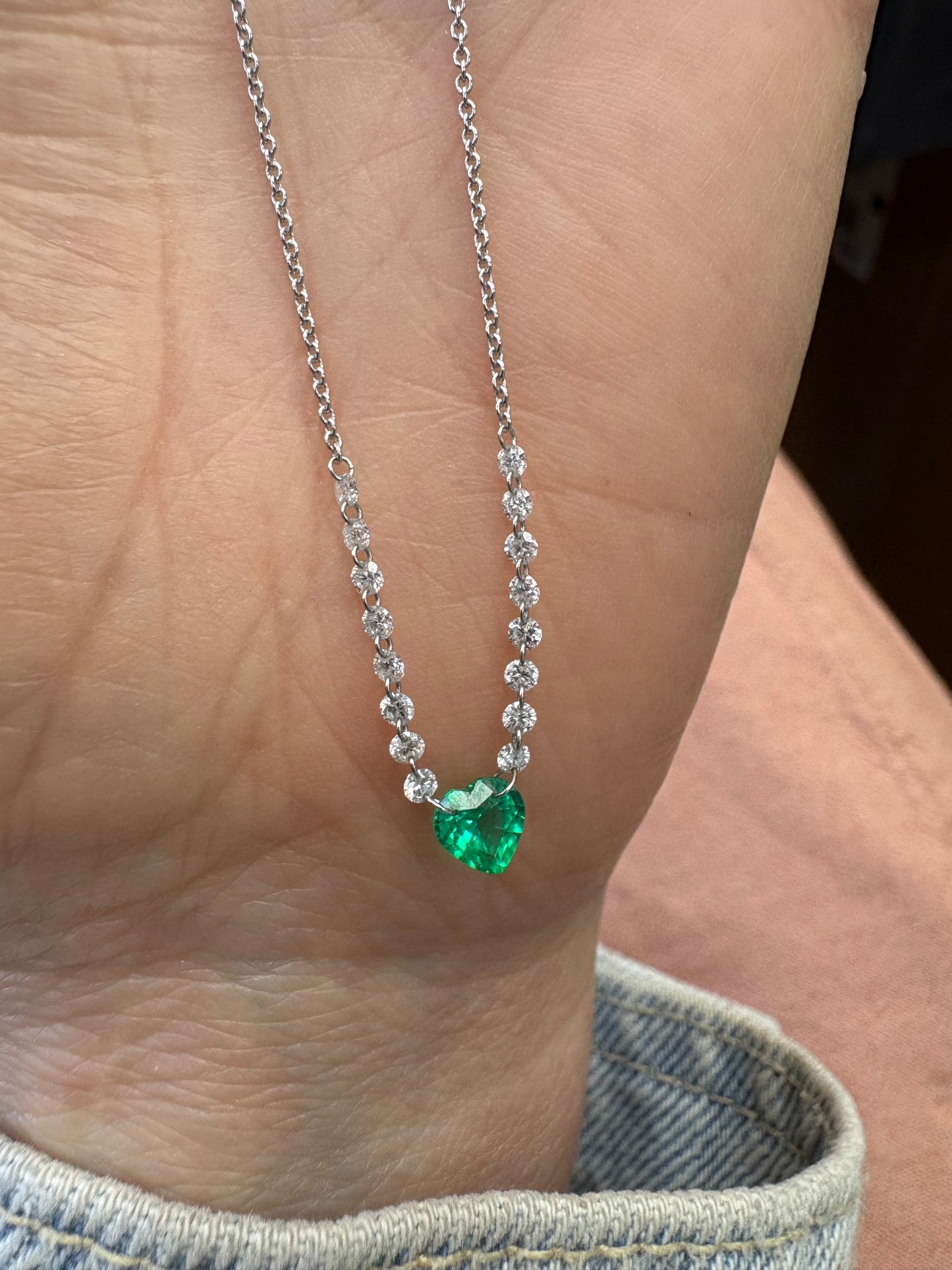 Heart Shape Emerald and Diamond Floating Necklace.