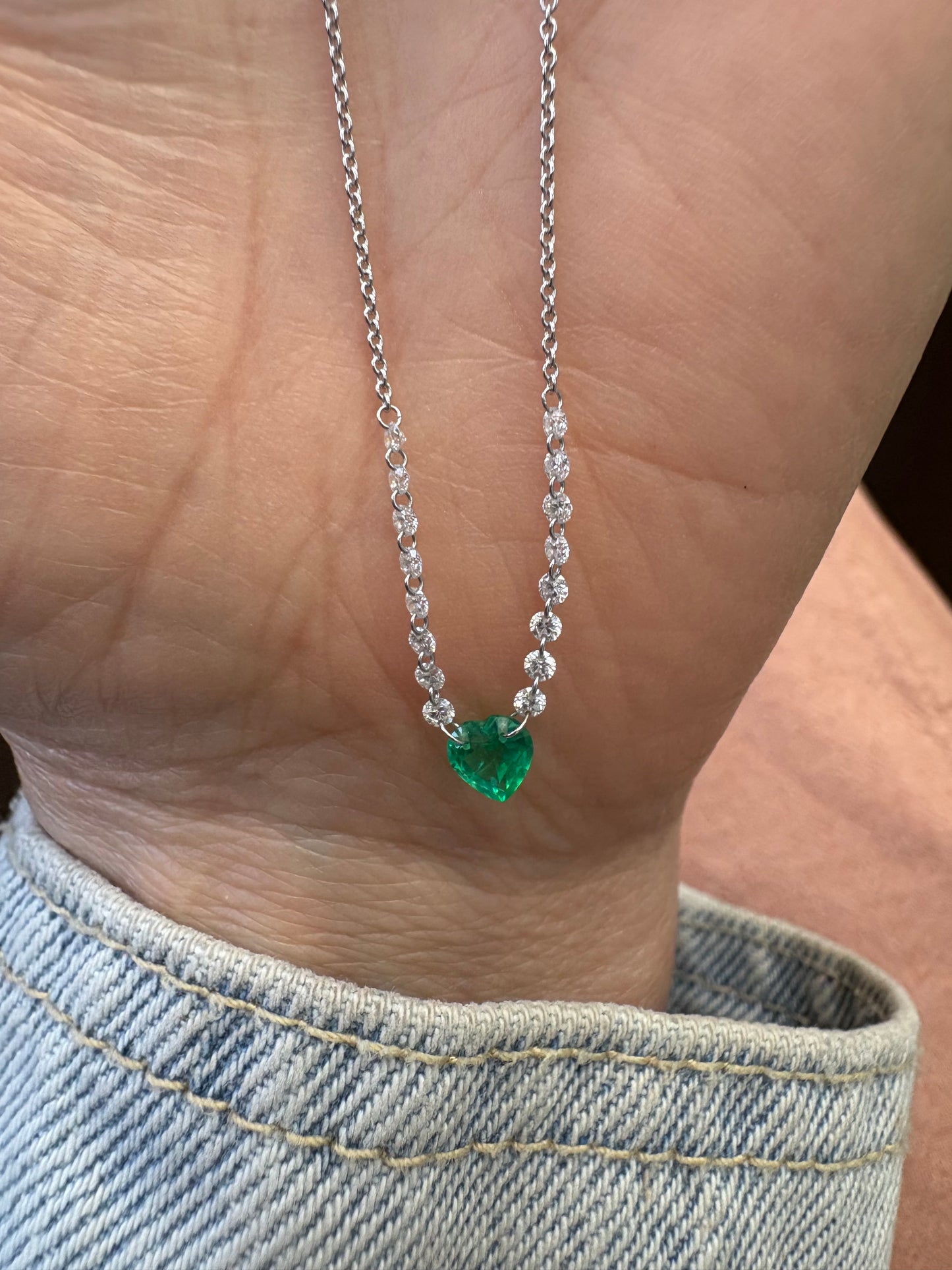 Heart Shape Emerald and Diamond Floating Necklace.