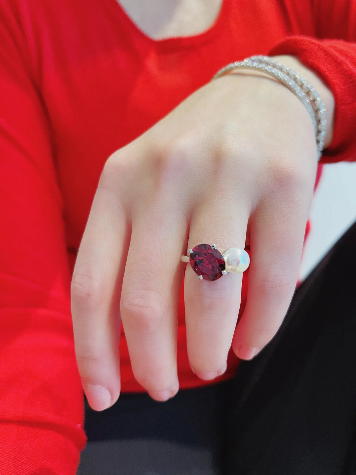 Oval Rhodolite and Pearl Toi Et Moi Ring