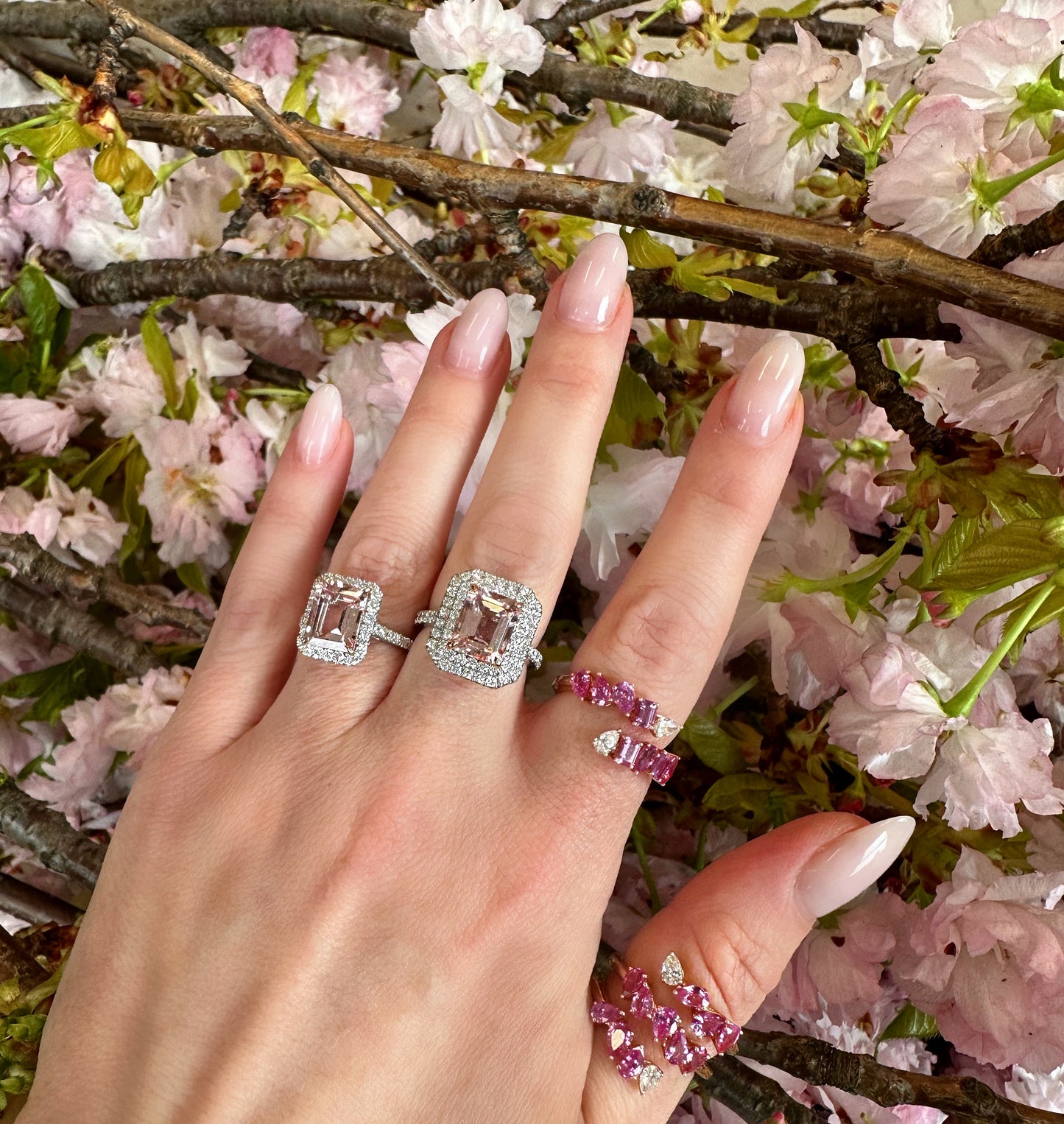 Morganite and Double Diamond Halo Ring