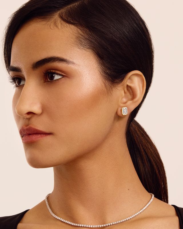 Lab Grown Bezel Set Emerald Cut Diamond Stud Earrings
