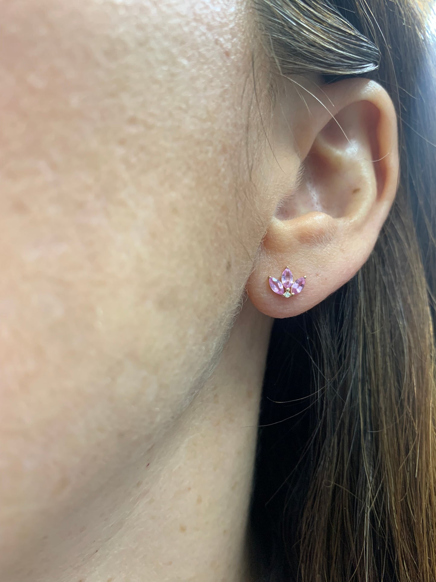 Trio Pink Sapphire Leaf Stud Earrings