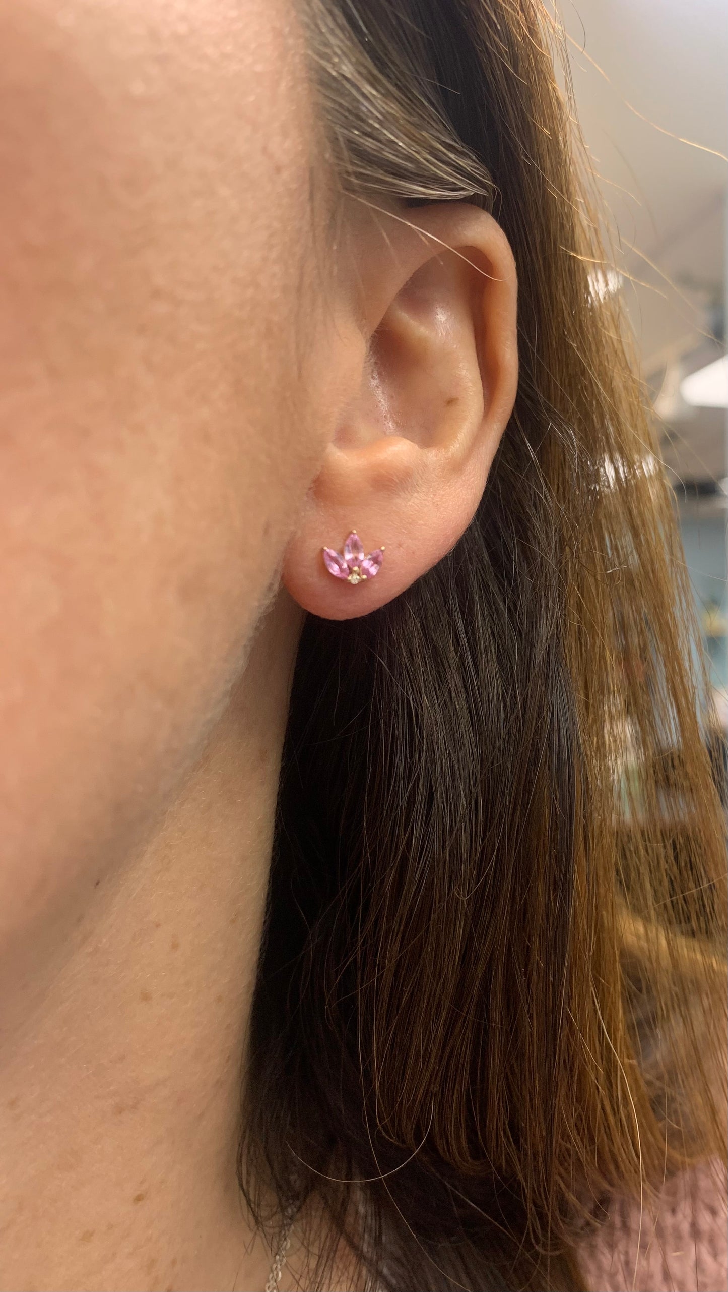 Trio Pink Sapphire Leaf Stud Earrings